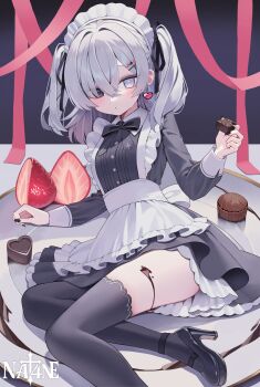 Rule 34 | 1girl, absurdres, apron, black dress, chocolate, collared shirt, cross-shaped pupils, dress, earrings, feet out of frame, food, fruit, hair ornament, hair ribbon, heart, heart earrings, heterochromia, high heels, highres, jewelry, long hair, long sleeves, lying, maid, maid apron, maid headdress, nail polish, neck ribbon, original, parted lips, plate, ribbon, shirt, shoes, sleeve cuffs, squallea, strawberry, symbol-shaped pupils, thighhighs, thighs, twintails