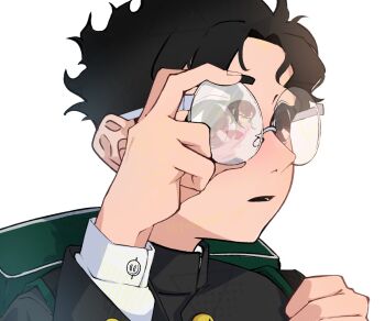 1boy 1girl adjusting_eyewear ayase_momo backpack bag black_hair black_jacket bow bowtie brown_eyes brown_hair close-up commentary_request dandadan earrings gakuran glasses jacket jewelry kami_high_school_uniform parted_lips pink_sweater red_bow red_bowtie reflection round_eyewear school_uniform shirt short_hair sweater takakura_ken_(dandadan) teapot_27 upper_body white_background white_shirt