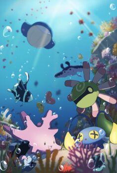:d alternate_color antennae blue_skin blurry blurry_background bubble chinchou clamperl colored_skin commentary_request coral corsola cradily cross-shaped_pupils finneon fish gen_1_pokemon gen_2_pokemon gen_3_pokemon gen_4_pokemon glint highres lumineon luvdisc magikarp mantine mri_361 nintendo no_humans open_mouth pink_skin pokemon pokemon_(creature) psyduck shiny_pokemon smile sunlight symbol-shaped_pupils underwater wailmer wiglett yellow_eyes