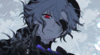 1boy commentary cracked_skin easel_(dam0628) edmond_dantes_(fate) english_commentary expressionless fate/grand_order fate_(series) from_below gem grey_hair hat high_collar highres id_(fate/grand_order) looking_at_viewer looking_down male_focus one_eye_covered purple_gemstone rain red_eyes scar scar_on_neck short_hair solo star-shaped_pupils star_(symbol) symbol-shaped_pupils the_count_of_monte_cristo_(fate) the_count_of_monte_cristo_(first_ascension)_(fate) water_drop wet wet_hair