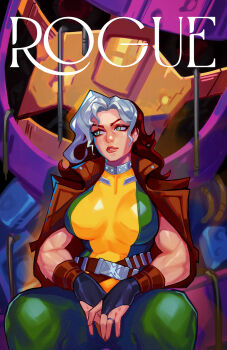 1girl black_gloves bodysuit breasts brown_hair brown_jacket character_name commentary english_commentary fingerless_gloves gloves green_bodysuit green_eyes highres jacket jewelry large_breasts long_hair looking_to_the_side marvel marvel_rivals multicolored_bodysuit multicolored_hair parted_lips qtori ring rogue_(x-men) sentinel_(x-men) solo sweat two-tone_bodysuit two-tone_hair white_hair x-men yellow_bodysuit