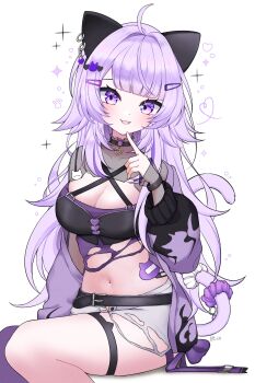 Rule 34 | 1girl, absurdres, ahoge, animal ear fluff, animal ears, black jacket, blush, breasts, cat ears, cat girl, cleavage, collarbone, commentary request, crop top, hair ornament, highres, hololive, jacket, kaisin ao, large breasts, long hair, long sleeves, looking at viewer, navel, nekomata okayu, nekomata okayu (gyaru), official alternate costume, official alternate hair length, official alternate hairstyle, pantyhose, purple eyes, purple hair, purple jacket, purple pantyhose, short shorts, shorts, simple background, single thighhigh, sitting, smile, solo, stomach, thighhighs, torn clothes, torn shorts, two-sided fabric, two-sided jacket, upper body, very long hair, virtual youtuber, white shorts