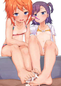 1boy 2girls absurdres bar_censor barefoot beach_jacket bikini bikini_top_lift bikini_top_pull blue_eyes bottomless breasts censored clothes_lift condom cooperative_footjob cum cum_in_mouth cum_on_body cum_on_feet drinking_from_condom ejaculation expressionless femdom ffm_threesome footjob gokkun group_sex highres koshigaya_natsumi loli lolidom looking_at_viewer looking_down mesugaki miyauchi_hikage multicolored_bikini multiple_girls nipples non_non_biyori penis pov pov_crotch purple_hair pussy red_hair shinonome_fuurin short_hair sitting small_breasts smirk smug swimsuit teamwork_(sexual) threesome translated used_condom yellow_bikini