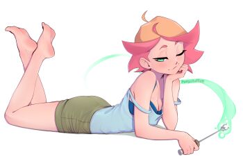 1girl absurdres ahoge amanda_o&#039;neill artist_name ass bare_shoulders barefoot blue_bra blush bra breasts brown_shorts cleavage collarbone commentary derivative_work english_commentary feet_up full_body green_eyes half-closed_eye hand_on_own_cheek hand_on_own_face head_rest highres holding holding_wand little_witch_academia looking_at_viewer lying multicolored_hair on_stomach one_eye_closed orange_hair pudgeruffian screenshot_redraw short_hair short_shorts shorts smile soles solo strap_slip tank_top the_pose two-tone_hair underwear wand