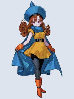 1girl alena_(dq4) belt black_belt black_pantyhose blue_cape blue_hat boots cape cape_hold curly_hair dragon_quest dragon_quest_iv dress earrings full_body gloves hat highres jewelry light_smile long_hair looking_at_viewer okita_(sukult_4) orange_gloves orange_hair pantyhose red_eyes solo sphere_earrings standing tunic yellow_dress yellow_tunic