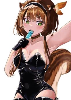 1girl absurdres animal_ears armpits ayunda_risu black_gloves black_leotard blush breasts brown_choker brown_hair choker cleavage desagi food gloves green_eyes hair_ornament hairband hairclip highres holding holding_food holding_popsicle hololive hololive_indonesia large_breasts leaf_hair_ornament leotard long_hair looking_at_viewer open_mouth outstretched_arm popsicle signature simple_background solo squirrel_ears squirrel_girl squirrel_tail sweat tail thigh_peek twintails virtual_youtuber white_background