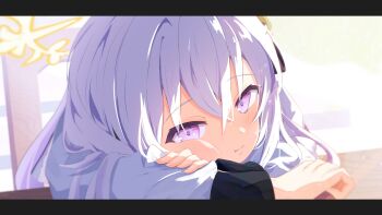 1girl :t absurdres azusa_(blue_archive) blue_archive blush cheek_press clenched_hand closed_mouth commentary crossed_bangs fingernails hair_between_eyes halo highres letterboxed long_sleeves looking_at_viewer purple_eyes school_uniform shaketamago shirt sidelighting simple_background sitting smile solo upper_body white_background white_hair white_shirt yellow_halo