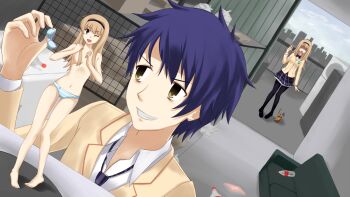 1boy 1girl action_figure ahoge assisted_exposure barefoot black_hairband black_pantyhose black_shoes blazer blonde_hair blue_hair blue_sky bottle bow bowtie bra breasts brother_and_sister brown_jacket chaos;head character_figure cityscape cloud commentary_request couch dress_shirt dropping dutch_angle fang grin hairband hand_up highres holding holding_bra holding_underwear holding_unworn_clothes implied_incest indoors jacket loafers loose_necktie miniskirt navel necktie nishijou_nanami nishijou_takumi no_bra one_eye_closed open_collar open_mouth panties pantyhose petticoat plaid_bow plaid_bowtie plaid_clothes plaid_necktie plaid_skirt pleated_skirt purple_bow purple_bowtie purple_eyes purple_necktie school_emblem school_uniform science_adventure shaded_face shirt shoes short_hair siblings skirt sky small_breasts smile soda soda_bottle stomach striped_bra striped_clothes striped_panties striped_underwear suimei_academy_school_uniform surprised tongue underwear v-shaped_eyebrows white_shirt winter_uniform zatsuon_(zatune)