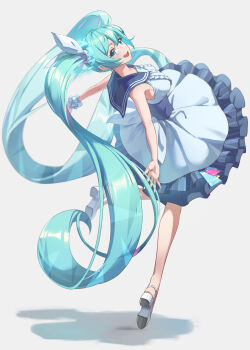 1girl absurdres aqua_eyes aqua_hair aqua_halo black_sailor_collar blue_archive blush bow breasts center_frills collarbone commentary dress english_commentary frilled_dress frills full_body grey_background hair_between_eyes hair_ornament halo hatsune_miku hatsune_miku_(blue_archive) high-waist_skirt highres long_hair looking_at_viewer looking_back medium_breasts multicolored_hair open_mouth reulem sailor_collar scrunchie simple_background skirt sleeveless sleeveless_dress smile solo streaked_hair tilted_halo twintails very_long_hair vocaloid white_dress white_scrunchie white_skirt wrist_scrunchie