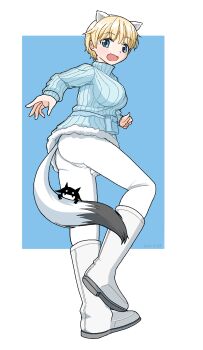 animal_ears ass blonde_hair blue_eyes blue_sweater blush brave_witches breasts commentary crotch highres large_breasts looking_back miyafuji_yoshika nikka_edvardine_katajainen open_mouth pantyhose ribbed_sweater short_hair silhouette_demon sweater tail unuse weasel_ears weasel_tail white_pantyhose world_witches_series