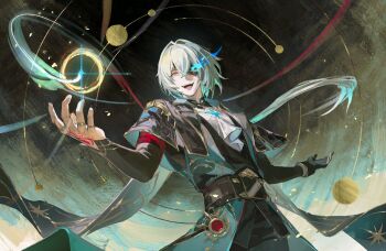 1boy anaxa_(honkai:_star_rail) aqua_hair ascot black_corset black_jacket black_pants chain corset duetrofl earrings eyepatch gem hair_between_eyes hair_intakes honkai:_star_rail honkai_(series) jacket jewelry lapels looking_at_viewer male_focus mandarin_collar medium_hair notched_lapels one_eye_covered open_mouth pants red_gemstone shirt side_ponytail single_earring smile solo white_ascot white_shirt