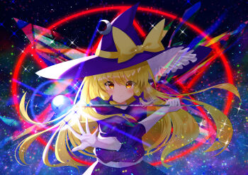 1girl absurdres blonde_hair blush bow closed_mouth clothing_request commentary crescent crescent_hat_ornament crossed_arms dress facing_viewer frilled_hat frills hair_bow hat hat_bow hat_ornament highres holding holding_wand kirisame_marisa kirisame_marisa_(pc-98) long_hair mixed-language_commentary nettian51 purple_bow purple_dress purple_hat smile solo sparkle touhou wand witch_hat yellow_bow yellow_eyes