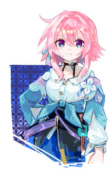 Rule 34 | 1girl, absurdres, black choker, black overskirt, blue eyes, blue jacket, bra strap, breasts, buttons, camera, choker, closed mouth, commentary request, earrings, flower ornament, gradient clothes, gradient jacket, highres, honkai: star rail, honkai (series), jacket, jewelry, long sleeves, looking at viewer, march 7th (honkai: star rail), march 7th (preservation) (honkai: star rail), medium breasts, medium hair, mizuna (327), multicolored eyes, off-shoulder jacket, off shoulder, overskirt, pink hair, pink jacket, pink pupils, shirt, single earring, smile, solo, tied jacket, two-tone eyes, underbust, white shirt