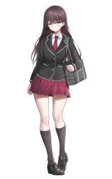 1girl absurdres bag bang_dream! bang_dream!_it&#039;s_mygo!!!!! black_jacket black_shorts black_socks brown_hair chinese_commentary commentary_request diagonal-striped_clothes diagonal-striped_necktie full_body grey_bag hair_between_eyes haneoka_school_uniform highres jacket loafers long_hair long_sleeves looking_at_viewer mole mole_under_eye necktie plaid_clothes plaid_skirt pleated_skirt purple_eyes purple_necktie purple_skirt school_bag school_uniform shiina_taki shoes shorts shoulder_bag skirt socks solo striped_clothes unique_(pixiv12704744) unmoving_pattern