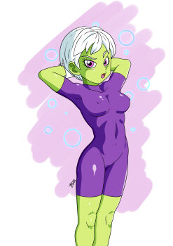 1girl absurdres armpits breasts cheelai colored_skin dragon_ball dragon_ball_super green_skin highres large_breasts nipples short_hair solo white_hair