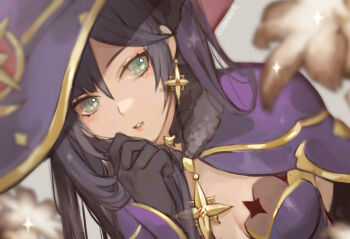 1girl aqua_eyes asymmetrical_bangs black_gloves black_hair blunt_bangs blurry breasts cleavage depth_of_field earrings eyelashes genshin_impact gloves gold gold_trim grey_background hachiimi hair_between_eyes hand_up hat highres jewelry leaning_to_the_side leotard long_hair looking_at_viewer medium_breasts mona_(genshin_impact) parted_bangs parted_lips philanemo_mushroom_(genshin_impact) purple_hat purple_leotard purple_sleeves red_hat red_lips sidelocks solo star_(symbol) star_earrings tsurime twintails twitter_username two-sided_fabric two-sided_headwear white_mouth witch_hat