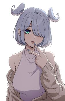 1girl absurdres aqua_eyes blue_hair blue_nails bob_cut breasts cross-shaped_pupils daydarion elira_pendora elira_pendora_(3rd_costume) hair_over_one_eye head_wings highres large_breasts looking_at_viewer mole mole_on_armpit nijisanji nijisanji_en off_shoulder official_alternate_costume parted_lips short_hair simple_background solo sweater symbol-shaped_pupils virtual_youtuber w white_background wings