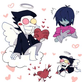 1boy 1other 2525nicc angel_wings arrow_through_heart black_hair black_shirt blue_hair blue_skin bow_(weapon) cape circle_facial_mark colored_skin deltarune gloves grey_gloves halo heart heterochromatic_eyewear highres holding holding_bow_(weapon) holding_weapon kris_(dark_world)_(deltarune) kris_(deltarune) long_nose multiple_views on_cloud pants pink_cape pointy_nose round_eyewear shirt short_hair soul_(deltarune) spamton_g._spamton tinted_eyewear utdr_(toby_fox) weapon white_halo white_pants wings