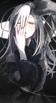 1girl arm_up asymmetrical_clothes black_shirt blush collared_shirt colored_eyelashes commentary_request contrast_(idolmaster) detached_sleeves earrings fingernails gakuen_idolmaster grey_hair grey_shirt hair_ornament hairclip half-closed_eyes hand_up highres idolmaster jewelry lace lace-trimmed_shirt lace-trimmed_sleeves lace_trim long_hair long_sleeves looking_at_viewer looking_through_fingers orange_eyes parallel_hairclips parted_lips puffy_long_sleeves puffy_sleeves sanshoku_dango_(shukosuko) shinosawa_hiro shirt single_detached_sleeve solo stud_earrings upper_body wide_sleeves x_hair_ornament