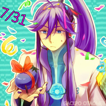 1boy aqua_background blue_bodysuit blue_eyes bodysuit bow character_name confetti confused creamyya dated eggplant food fruit hair_between_eyes headphones holding japanese_clothes kamui_gakupo light_frown long_hair looking_at_object male_focus nail_polish ponytail purple_hair purple_nails red_bow romaji_text sidelocks striped_background sweatdrop vocaloid