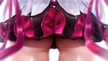 Rule 34 | 1girl, ass, ass focus, close-up, commentary, dress, english commentary, from behind, highres, hololive, hololive english, irys (hololive), irys (irys 2.0) (hololive), lace trim, layered dress, long hair, luke s (artist), microdress, panties, purple hair, purple panties, shiny skin, simple background, solo, underwear, virtual youtuber, white background