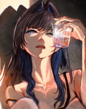 1girl @_@ absurdres advarcher alcohol black_hair blue_eyes blue_hair commentary cup drinking_glass earrings english_commentary hair_intakes head_tilt highres holding holding_cup hololive hololive_english jewelry long_hair looking_at_viewer multicolored_hair one_eye_closed open_mouth ouro_kronii portrait solo strap_slip teeth virtual_youtuber