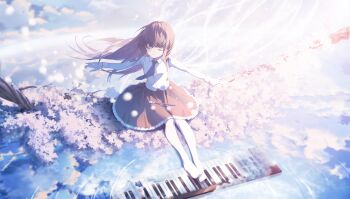 1girl black_hair black_necktie black_skirt blue_sky cherry_blossoms closed_eyes closed_mouth cloud collared_shirt flat_chest full_moon highres instrument long_hair long_sleeves moon natsume_ai necktie no_shoes outdoors outstretched_arms paintbrush pantyhose piano reflection reflective_liquid sakura_no_uta shirt sitting skirt sky smile solo straight_hair tree water white_pantyhose white_shirt wvmao