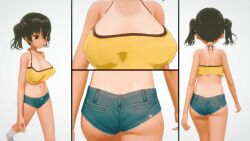 1girl 3d animated ass ass_shake black_hair bouncing_breasts breasts brown_eyes cleavage close-up cutoffs denim denim_shorts from_behind koikatsu_(medium) large_breasts long_hair midriff multiple_views navel original sasaki_kanna short_shorts shorts smile tagme tan tank_top tanline twintails video walking