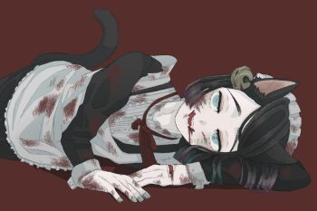 1boy alternate_costume animal_ears apron aqua_eyes arm_rest arm_support asymmetrical_bangs black_dress black_hair black_jacket black_tail blood blood_from_mouth blood_on_cheek blood_on_clothes blood_on_hands buttoned_cuffs buttons cat_ears cat_tail colored_tips commentary_request cowboy_shot crossdressing crossdressing_(mtf) demon_boy dress enmaided enmu_(kimetsu_no_yaiba) facial_mark fangs finger_tattoo hair_flowing_over invisible_floor jacket jingle_bell_earrings kanji_tattoo kemonomimi_mode kimetsu_no_yaiba long_sleeves looking_at_viewer lying maid male_focus male_maid medium_hair misplaced_mouth multicolored_hair neck_ribbon on_side open_mouth raised_inner_eyebrows red_background red_ribbon ribbon solo suit_jacket symbol-shaped_pupils tail tattoo tears_facial_mark teeth tororo_kombu trap undershirt white_apron