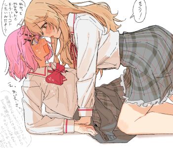 2girls amaori_renako ashigaya_high_school_uniform blush bow bowtie brown_eyes brown_hair commentary_request ear_blush grey_skirt hand_blush highres medium_hair multiple_girls open_mouth pink_hair plaid_clothes plaid_skirt pleated_skirt purple_eyes red_bow red_bowtie saiki_(mumei_912) school_uniform sena_ajisai shirt simple_background skirt speech_bubble straddling sweat thought_bubble translation_request watashi_ga_koibito_ni_nareru_wake_naijan_murimuri! white_background white_shirt yuri