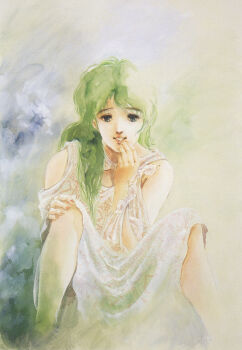 Rule 34 | 1980s (style), 1girl, blue eyes, dress, green hair, grin, hand to own mouth, highres, lips, long hair, looking at viewer, megazone 23, mikimoto haruhiko, oldschool, painting (medium), production art, retro artstyle, scan, sitting, smile, spread legs, teeth, tokimatsuri eve, traditional media, watercolor (medium)
