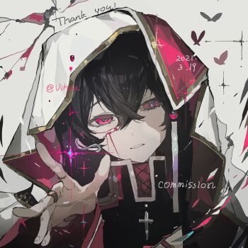 1boy black_hair black_shirt chinese_commentary commentary_request commission dated english_text gold_trim grey_background highres long_sleeves looking_at_viewer male_focus original pink_eyes portrait reaching reaching_towards_viewer shirt short_hair solo thank_you veil vihua6 watermark