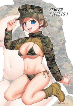1girl :d bikini blue_eyes boots breasts camouflage camouflage_bikini commentary_request dated ebifly fangs green_bikini green_hat hand_on_headwear hand_up hat highres large_breasts latin_text long_sleeves looking_at_viewer navel open_mouth original shrug_(clothing) side-tie_bikini_bottom signature smile solo swimsuit united_states_marine_corps zoom_layer
