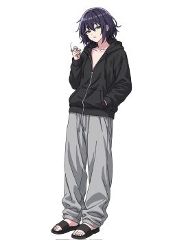 1girl alternate_breast_size_(smaller) alternate_costume alternate_hairstyle black_jacket black_sandals brhjtdp0ss40177 cho_kaguya-hime! cigarette closed_mouth collarbone commentary_request corrupted_twitter_file dot_nose flat_chest full_body green_eyes grey_pants hair_between_eyes half-closed_eyes hand_in_pocket hand_up highres holding holding_cigarette hood hood_down hooded_jacket jacket long_sleeves looking_at_viewer messy_hair no_shirt pants partially_unzipped purple_hair sakayori_iroha sandals short_hair sidelocks simple_background smoke smoke_trail smoking solo standing sweatpants white_background zipper