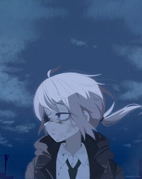 1girl ahoge artist_name black_jacket black_necktie blue_sky cloud cloudy_sky collared_shirt cracked_skin dirty dirty_clothes dirty_face floating_hair girls&#039;_frontline grey_hair hole_in_face hood hood_down hooded_jacket jacket looking_to_the_side loose_necktie low_ponytail m200_(girls&#039;_frontline) medium_hair missing_eye necktie night night_sky open_clothes open_jacket parted_lips ponytail portrait purple_eyes shirt sky smart_oval solo star_(sky) turning_head white_shirt wind