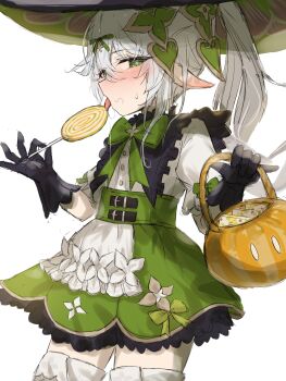 1girl absurdres alternate_color alternate_costume apron basket belt black_belt black_gloves blush bow bowtie bright_pupils buttons candy commentary cosplay cowboy_shot cross-shaped_pupils ear_blush food frilled_apron frilled_shirt_collar frills genshin_impact gloves green_bow green_bowtie green_eyes green_ribbon green_skirt hair_flaps hair_ornament hair_ribbon halloween halloween_bucket halloween_costume hat highres holding holding_basket holding_candy holding_food holding_lollipop klee_(blossoming_starlight)_(genshin_impact) klee_(genshin_impact) klee_(genshin_impact)_(cosplay) large_hat licking licking_food lollipop long_hair looking_at_viewer miniskirt multiple_belts nahida_(genshin_impact) nose_blush objectification petticoat pinching pointy_ears profile puffy_short_sleeves puffy_sleeves puritan_collar ribbon saliva saliva_trail shaka_sign shirt shirt_tucked_in short_sleeves side_ponytail sideways_glance simple_background skirt sleeve_bow slime_(genshin_impact) solo standing stray_pubic_hair sweatdrop swirl_lollipop symbol-shaped_pupils thighhighs tongue tongue_out torten underbust waist_apron white_apron white_background white_hair white_shirt white_thighhighs witch witch_hat zettai_ryouiki