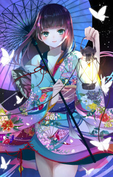 Rule 34 | 1girl, absurdres, aqua eyes, blush, brown hair, bug, butterfly, floral print, floral print kimono, flower, highres, holding, holding lantern, holding umbrella, insect, japanese clothes, kimono, lantern, long hair, mimoto s, night, oil-paper umbrella, oil lamp, original, print kimono, red ribbon, ribbon, smile, umbrella, white butterfly, yukata