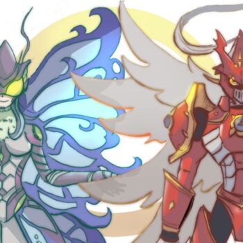 Rule 34 | 1boy, 1girl, angel wings, armor, artist name, artist request, blue eyes, body armor, breasts, bug, butterfly, butterfly wings, digimon, digimon (creature), digimon story: cyber sleuth, digimon story: cyber sleuth hacker's memory, digimon tamers, dukemon, dukemon crimson mode, headgear, helmet, hudiemon, insect, insect wings, knight, leotard, long hair, looking at viewer, medium breasts, side-by-side, tinted eyewear, wings, yellow-tinted eyewear, yellow eyes