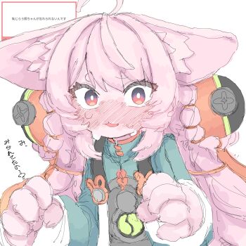 1girl absurdres ahoge animal_ear_fluff animal_ears blush bright_pupils commentary_request furry furry_female green_shirt hair_ornament highres long_hair looking_at_viewer mocamocaink pink_fur pink_hair rabbit_ears rabbit_girl red_eyes screw shirt short_eyebrows solo sphere_hair_ornament sweat thick_eyebrows translation_request upper_body white_pupils zenless_zone_zero zhao_(zenless_zone_zero)