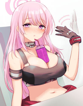 1girl afterimage arm_strap bare_shoulders between_breasts black_gloves black_sports_bra blue_archive blush breasts chair cleavage collarbone commentary_request cowboy_shot drinking_straw eimi_(battlesuit)_(blue_archive) eimi_(blue_archive) fanning_self gloves hair_between_eyes halo highres large_breasts long_hair looking_at_viewer midriff navel official_alternate_costume on_chair parted_lips partial_commentary pink_hair pink_halo purple_eyes shirokuma-kun sidelocks simple_background sitting solo sports_bra sweat white_background