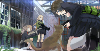 3girls assault_rifle black_footwear blazer blurry boots brown_footwear brown_hair cat clenched_teeth closed_mouth coat day depth_of_field finger_to_mouth fn_scar golem grey_eyes gun h&amp;k_ump handgun heckler_&amp;_koch hiding holding holding_weapon index_finger_raised indoors jacket knee_boots kneehighs kneeling loafers long_hair looking_at_another multiple_girls nekomegane on_one_knee open_clothes open_jacket open_mouth original overgrown parted_lips pistol pleated_skirt purple_eyes rifle school_uniform shoes short_hair shushing side_ponytail skirt socks standing submachine_gun sweatdrop teeth trigger_discipline warehouse wavy_hair weapon white_legwear window