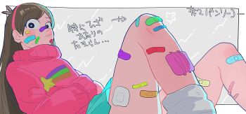 Rule 34 | 1girl, bandaid, bandaid on cheek, bandaid on face, bandaid on knee, bandaid on leg, bandaid on nose, blue skirt, bright pupils, brown hair, closed mouth, commentary request, gauze, gauze on leg, gravity falls, hairband, long hair, looking at viewer, mabel pines, neg 50asu, pink hairband, pink sweater, sitting, skirt, socks, solo, sweater, translation request, white pupils, white socks