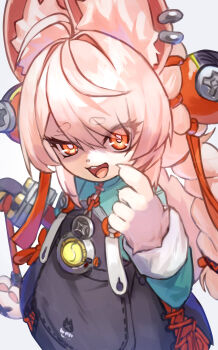 1girl absurdres animal_ears braid commentary_request flat_chest furry furry_female grey_background highres looking_at_viewer open_mouth orange_eyes rabbit_ears rabbit_girl red_eyes simple_background solo teeth twin_braids upper_teeth_only yanagino_(yanagino3) zenless_zone_zero zhao_(zenless_zone_zero)