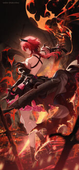 1girl absurdres arknights arknights:_endfield bare_shoulders black_boots black_dress black_gloves black_horns boots breasts cleavage closed_mouth demon_horns dress fire from_behind full_body gloves hair_between_eyes highres holding horns laevatein_(arknights) long_hair looking_at_viewer purple_eyes red_hair sakon04 solo surtr_(arknights) sword very_long_hair weapon