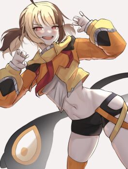 1girl absurdres ahoge blonde_hair breasts brown_hair claw_pose clothing_cutout commentary english_commentary gigi_murin gigi_murin_(1st_costume) highres hololive hololive_english hood hoodie looking_at_viewer midriff multicolored_hair navel nurizza_ilst open_mouth orange_hood orange_hoodie pink_eyes shirt short_hair shorts simple_background small_breasts smile solo tail thigh_cutout thighs twintails two-tone_hair virtual_youtuber white_background