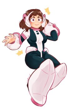 1girl belt black_bodysuit blush_stickers bodysuit boku_no_hero_academia boots breasts brown_eyes brown_hair female_focus looking_at_viewer medium_breasts multicolored_bodysuit pink_bodysuit short_hair sidelocks solo superhero_costume uraraka_ochako uraraka_ochako_(hero_outfit) watervi white_bodysuit