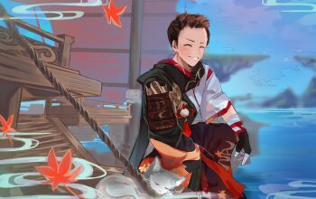 1boy animification armor bandaged_hand bandages black_gloves black_scarf blue_sky brown_hair cat closed_eyes commentary cosplay english_commentary falling_leaves floating_island genshin_impact gloves grin hakama hakama_shorts highres japanese_armor japanese_clothes kaedehara_kazuha kaedehara_kazuha_(cosplay) kanako_(fuwachu) leaf leaf_print male_focus maple_leaf maple_leaf_print mark_whitten mast mountainous_horizon on_one_knee open_mouth partially_fingerless_gloves real_life rope sail sailing_ship scarf ship short_hair shorts sideburns sky sleeping smile solo stairs tassel teeth voice_actor voice_actor_connection water watercraft white_cat wide_sleeves