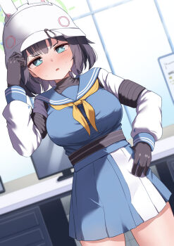 1girl absurdres animal_ears aoto_mei bare_legs black_gloves black_hair blue_archive blue_eyes blush breasts cowboy_shot fake_animal_ears gloves halo helmet highres large_breasts looking_at_viewer monitor rabbit_ears sailor_collar saki_(blue_archive) school_uniform short_hair skirt solo thigh_gap twitter