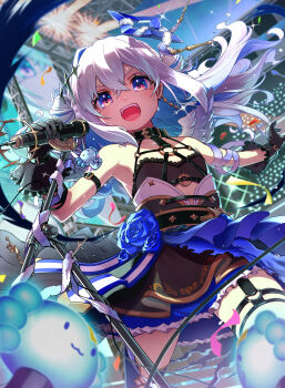 1girl amane_kanata amane_kanata_(another_world) bare_shoulders black_choker black_gloves black_sports_bra blue_hair blue_halo blue_wings blush choker collarbone commentary_request crossed_bangs gloves gradient_hair gradient_wings grey_hair hair_between_eyes halo highres holding holding_microphone hololive jewelry kage_houshi long_hair looking_at_viewer microphone multicolored_hair multicolored_wings necklace official_alternate_costume official_alternate_hairstyle open_mouth parted_bangs purple_eyes single_hair_intake smile solo sports_bra star_halo tilted_halo upao_(amane_kanata) upper_body virtual_youtuber white_hair white_wings wings