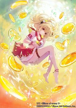 1girl arm_strap barefoot blonde_hair bracelet breasts brown_eyes cana_(z/x) cleavage clenched_teeth copyright_notice feathered_wings floating_hair food fruit green_wings hair_floating_upwards hair_ornament holding_lemon jewelry large_breasts lemon lemon_slice looking_at_viewer mini_wings official_art pom_pom_(clothes) pom_pom_hair_ornament red_sailor_collar red_skirt sailor_collar shirt skirt smile solo sparkle splashing teeth thigh_strap tsurugi_hikaru two_side_up white_shirt wings z/x